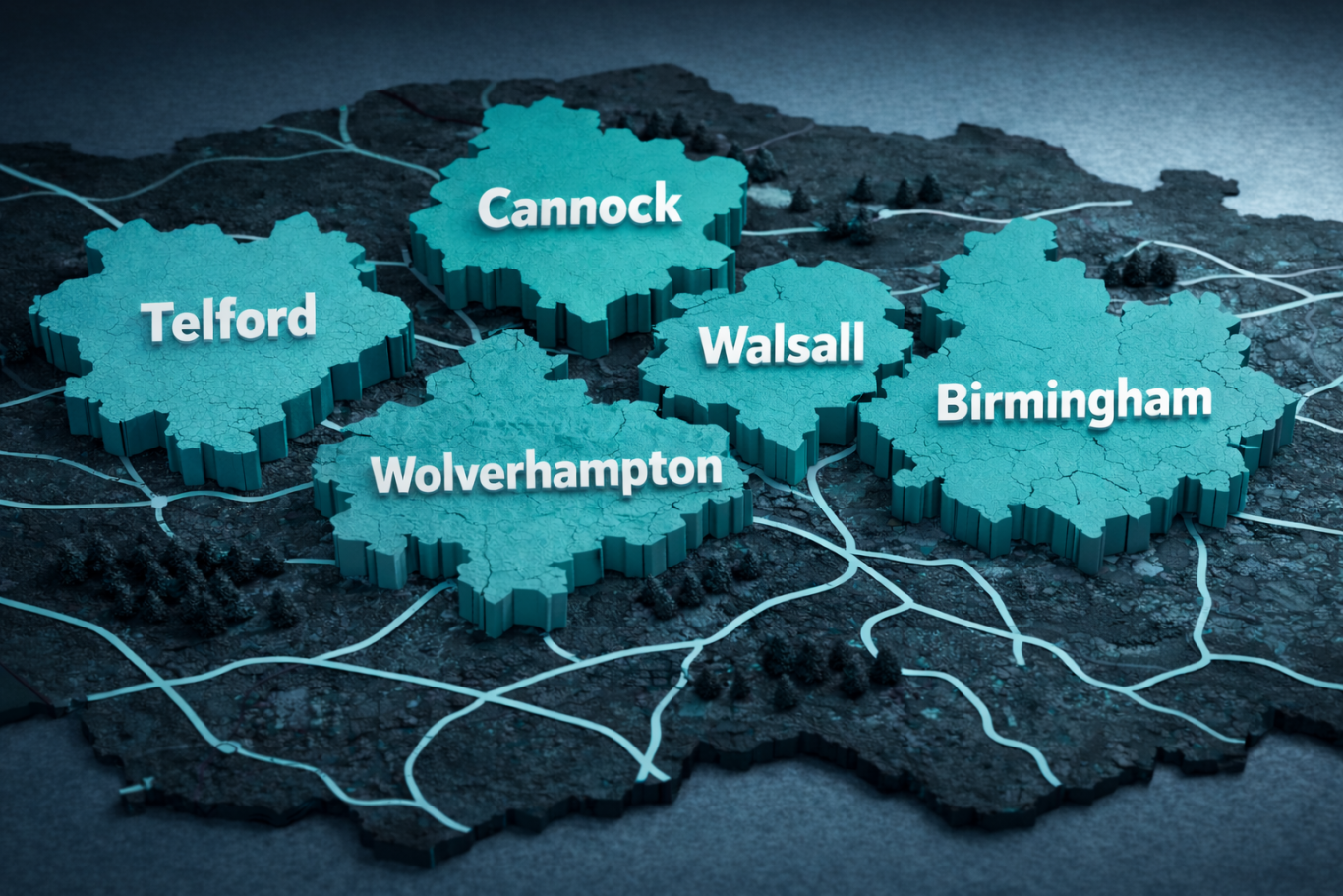 Business area cover map Maps showing Telford, Cannock, Walsall, Wolverhampton, and Birmingham locations.